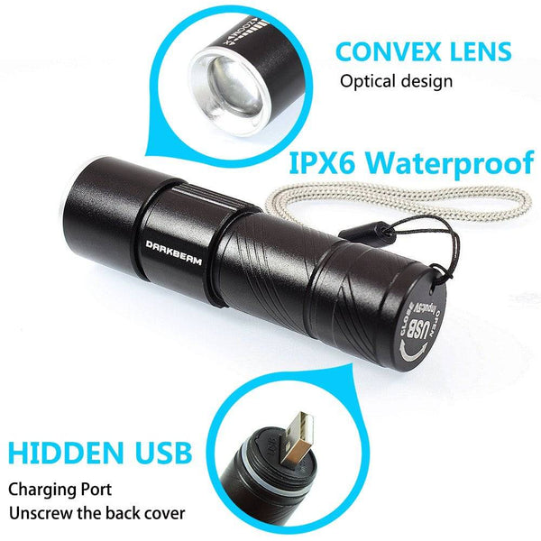 Mini USB Rechargeable Flashlight (2-PACK) Multifunctional Torch Waterproof IPX6 for Outdoor Night Riding/Camping/Emergency - Black