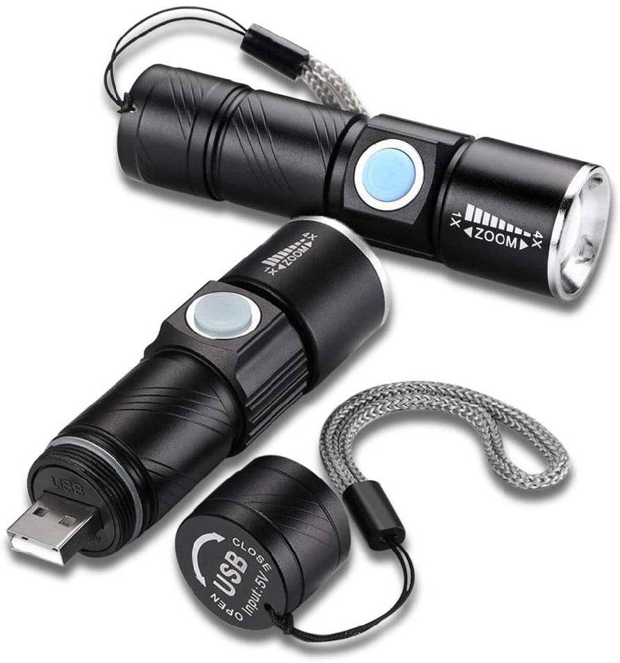 Mini USB Rechargeable Flashlight (2-PACK) Multifunctional Torch Waterproof IPX6 for Outdoor Night Riding/Camping/Emergency - Black